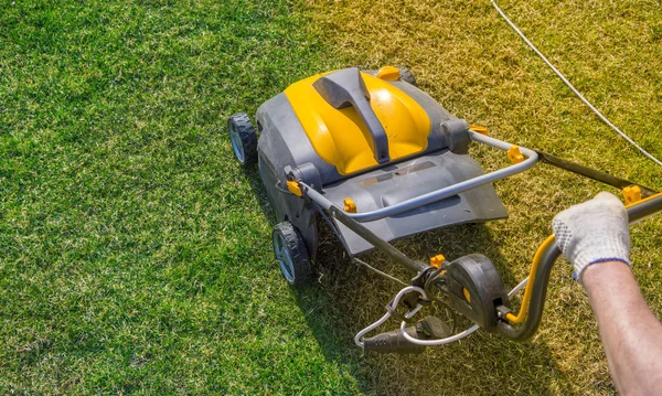 Bahçede çim havalandırma. Yeşil çimenlerin üzerinde sarı aerator yakın çekim