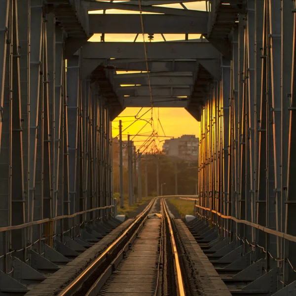 Railway Bridge Steel Structures Sunset Background Close — Stock Photo, Image