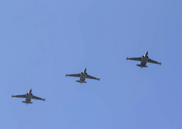 Several Military Fighters Flying Formation Blue Sky — Stock Photo, Image