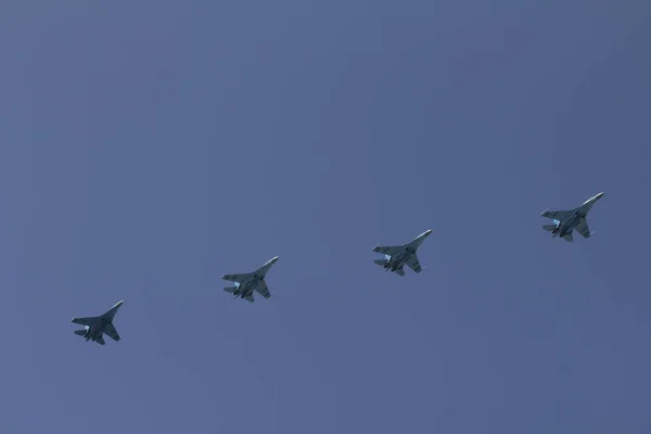 Several Military Fighters Flying Formation Blue Sky — Stock Photo, Image