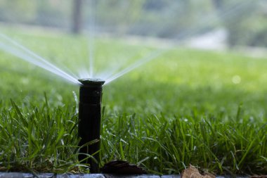 Otomatik fıskiye sistemi yeşil çimlerin arka planında çimenleri suluyor, yakın plan