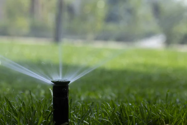 緑の草を背景に芝生に散水する自動散水システム クローズアップ — ストック写真