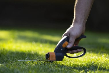 Çim yerlere ulaşmak zor, bahçıvan profesyonel makasla kesme.