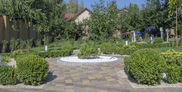 Cobbled Concreto Pavimentação Laje Pista Uma Bela Manicured Jardim Topo — Fotografia de Stock