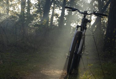 Dağ bisikleti ormandaki bir ray bağlantılı yakın