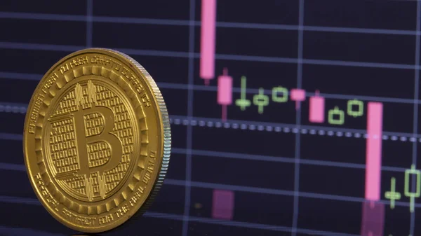 Bitcoin Münze Auf Der Hintergrundgrafik Aus Nächster Nähe — Stockfoto