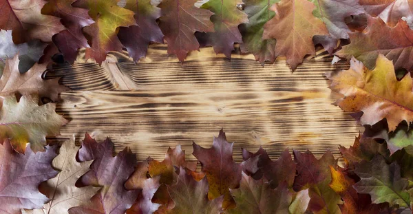 Folhas Outono Fundo Mesa Madeira Quadro Outono — Fotografia de Stock