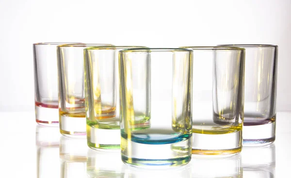 Six Small Colorful Glasses White Background Close — Stock Photo, Image