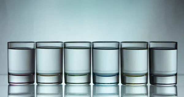 Six Small Multi Colored Glasses Bright Background Close — Stock Photo, Image