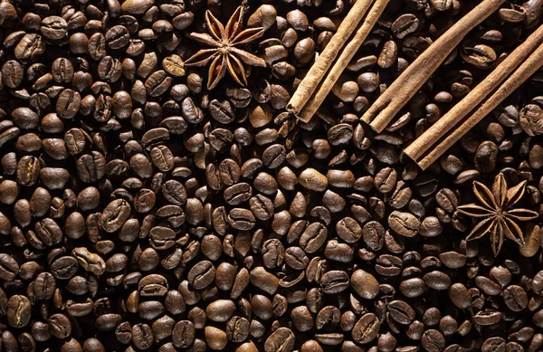 Granos Café Fondo Con Diferentes Especias Estrellas Anís Palitos Canela —  Fotos de Stock