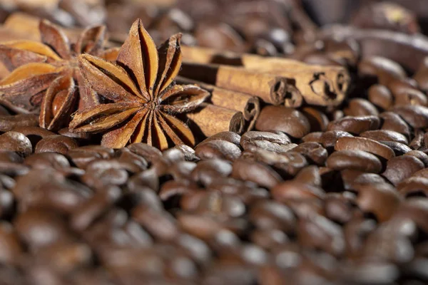 Kávová Zrna Pozadí Různými Kořením Anýzové Hvězdy Skořice Tyčinky Lískové — Stock fotografie