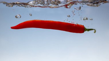 su sıçramalarına mavi bacground üzerinde kırmızı sıcak biber biber yakın çekim