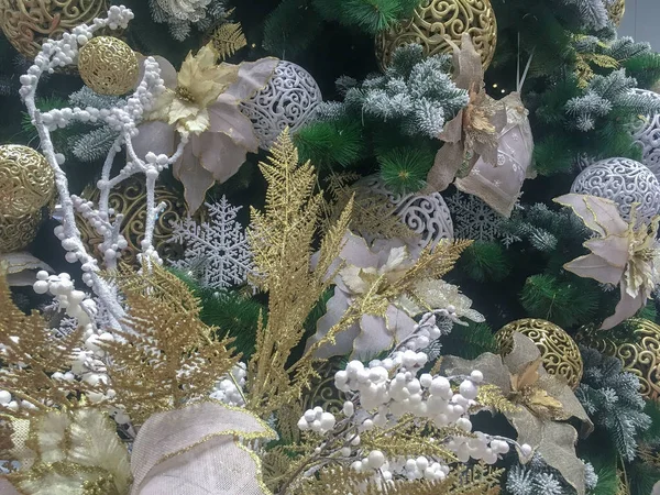 Textura Ramas Plástico Del Árbol Navidad Decoraciones Tonos Plateados Fondo — Foto de Stock