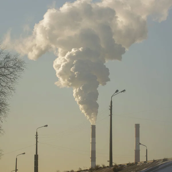 Pollution Smoke Industrial Chimneys Blue Sky — Stock Photo, Image