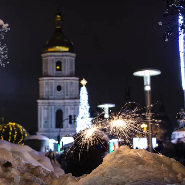 Bengal Fire Background Sophia Square Winter Night Kiev Selective Focus — Stock Photo, Image