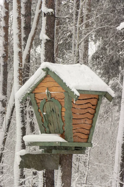 Una Piccola Casa Sull Albero Una Foresta Innevata Chiaro Inverno — Foto Stock