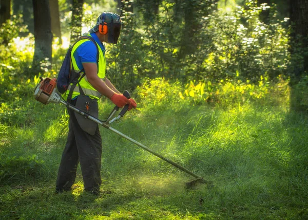 Gardener Mows Weeds Small Parts Vegetation Scatter Different Directions Close — Stock Photo, Image