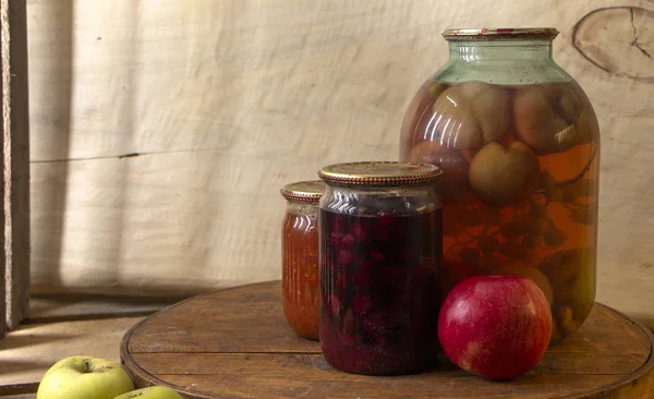 Home Made Canned Compote Fresh Fruit Basement Shelf Still Life — Stock Photo, Image