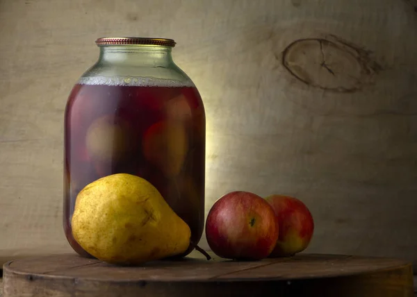 Home Made Canned Compote Fresh Fruit Basement Shelf Still Life — Stock Photo, Image