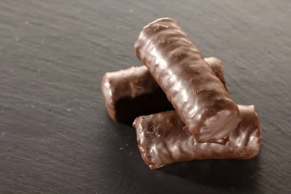 Chocolate Bars Black Shale Tray Close — Stock Photo, Image