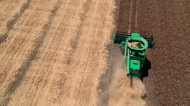 29 Temmuz 2019 Ukrayna, Bucha: Sıcak bir yaz gününde hasat buğdayı hasat eder. Kuş bakışı görüş 4k