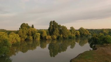 Küçük bir göl üzerinde uçmak, sahillerde uzun otlar, kırsal kesimde