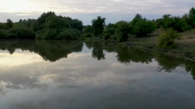 Küçük bir göl üzerinde uçmak, sahillerde uzun otlar, kırsal kesimde
