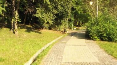 Feofaniya parkta 4k Uçan drone, doğal sahne, akşam gökyüzü arka plan.