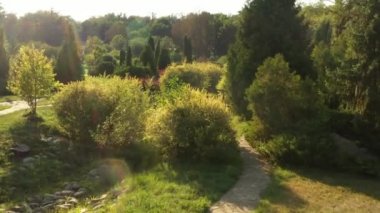 Feofaniya parkta 4k Uçan drone, doğal sahne, akşam gökyüzü arka plan.
