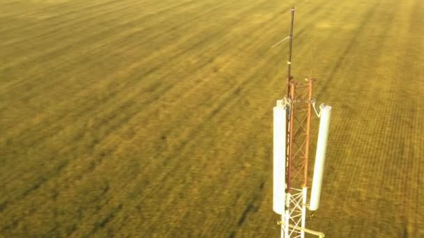Sparatoria da un drone che vola intorno a una torre mobile ripetitore in una zona rurale — Video Stock