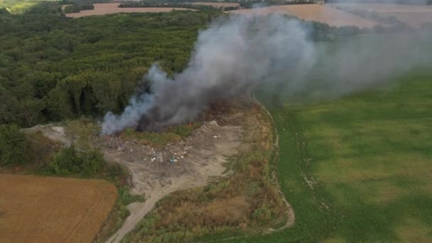 The garbage dump near the forest burns. Poor ecology, emissions into the atmosphere. — ストック動画