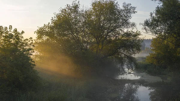 El amanecer sobre el río, la niebla que sube lentamente del agua, sus rayos lo iluminan — Foto de Stock