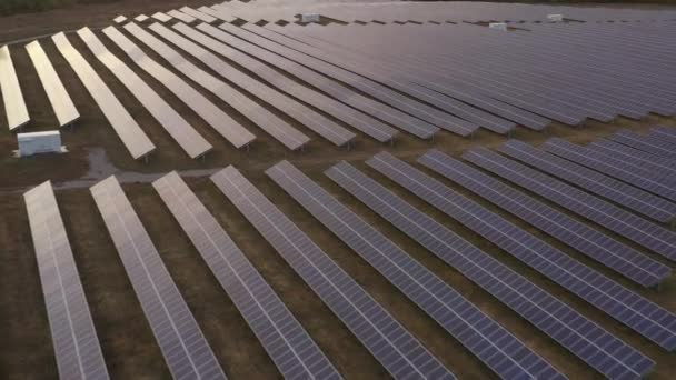 Відновлювана електроенергія, безпілотний політ над сонячною електростанцією, розташованою в полі . — стокове відео