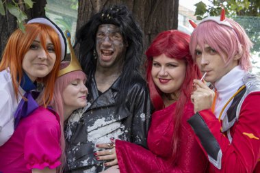26 Eylül 2018, Ukrayna Kiev: Çağdaş Pop Kültür Festivali. Comic Con. Comic Con festivalinin ziyaretçileri. Farklı kostümler giymişti..