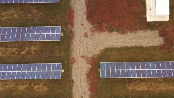 Возобновляемое электричество, беспилотный полет над солнечной электростанцией, расположенной в поле . — стоковое видео
