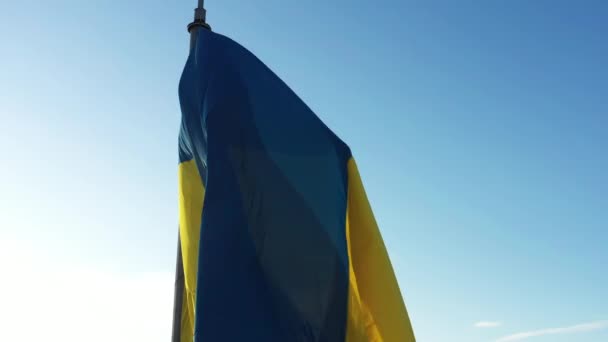 4k ukrainska gul blå flagga, blå himmel bakgrund, närbild, — Stockvideo