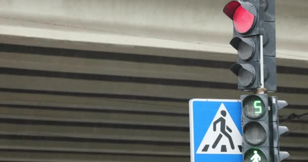 Trafik ışıklarında çalışıyor ve yaya geçidinde yakın çekim işareti var. — Stok video