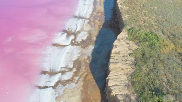 Lago rosado, arcilla curativa y sal. Vista aérea — Vídeo de stock