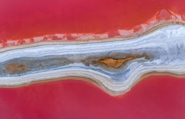 Pembe Ada 'daki adanın kıyılarında beyaz tuz. Lemuria Gölü, Ukrayna.