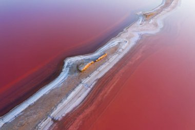 Pembe Ada 'daki adanın kıyılarında beyaz tuz. Lemuria Gölü, Ukrayna.