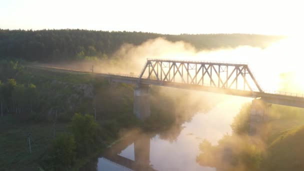 IJzeren spoorbrug bij dageraad in de mist — Stockvideo