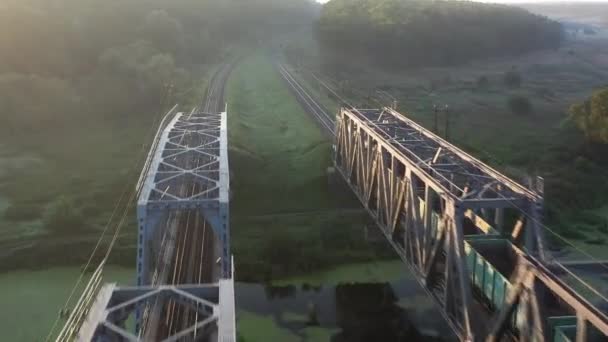 O trem passa por uma ponte ferroviária metálica — Vídeo de Stock