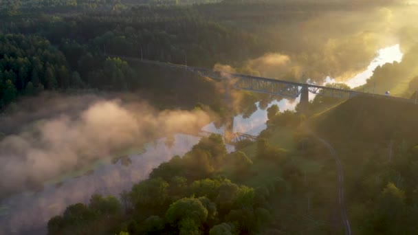 Pont ferroviaire en fer à l'aube dans le brouillard — Video