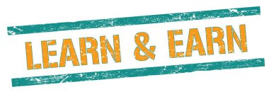 Mavi turuncu grungy çizgileri üzerindeki LeARN & EARN metni.