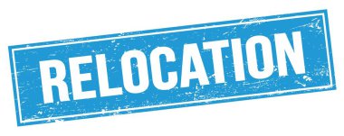 Mavi grungy dikdörtgen damga işareti üzerinde Yeniden Yerleştirme metni.