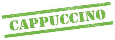 Yeşil grungy dikdörtgen pulu üzerinde CapPPUCCINO metin.