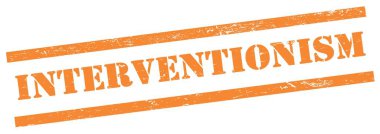 Turuncu grungy dikdörtgen damgalı intervensiyonizm metni.