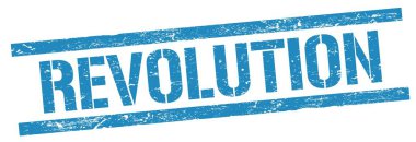 Mavi grungy dikdörtgen damga işareti üzerinde REVOLUTION metin.