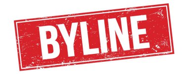 Kırmızı grungy dikdörtgen damga işareti üzerindeki BYLINE metni.