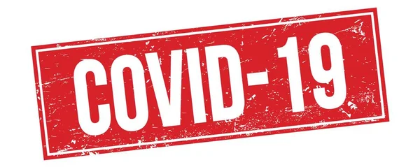 Covid 19テキストOn赤グランジ四角形切手サイン — ストック写真